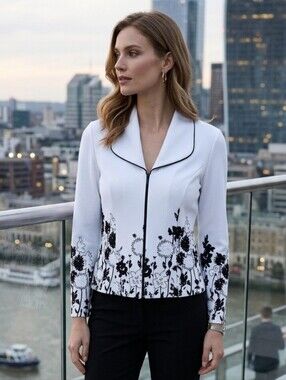Joseph Ribkoff Women's Minimalist White Floral Zip Cardigan Size S/M